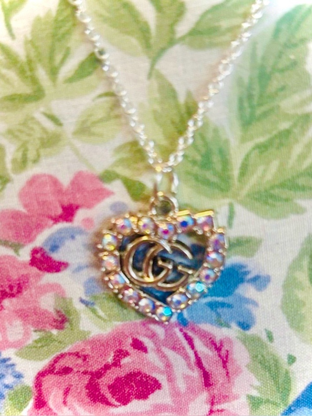 Gucci Silver Heart Necklace with Pink and Purple Accents
